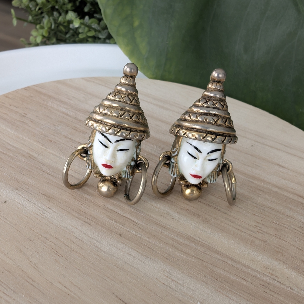 Gold and White Tribal Face Earrings